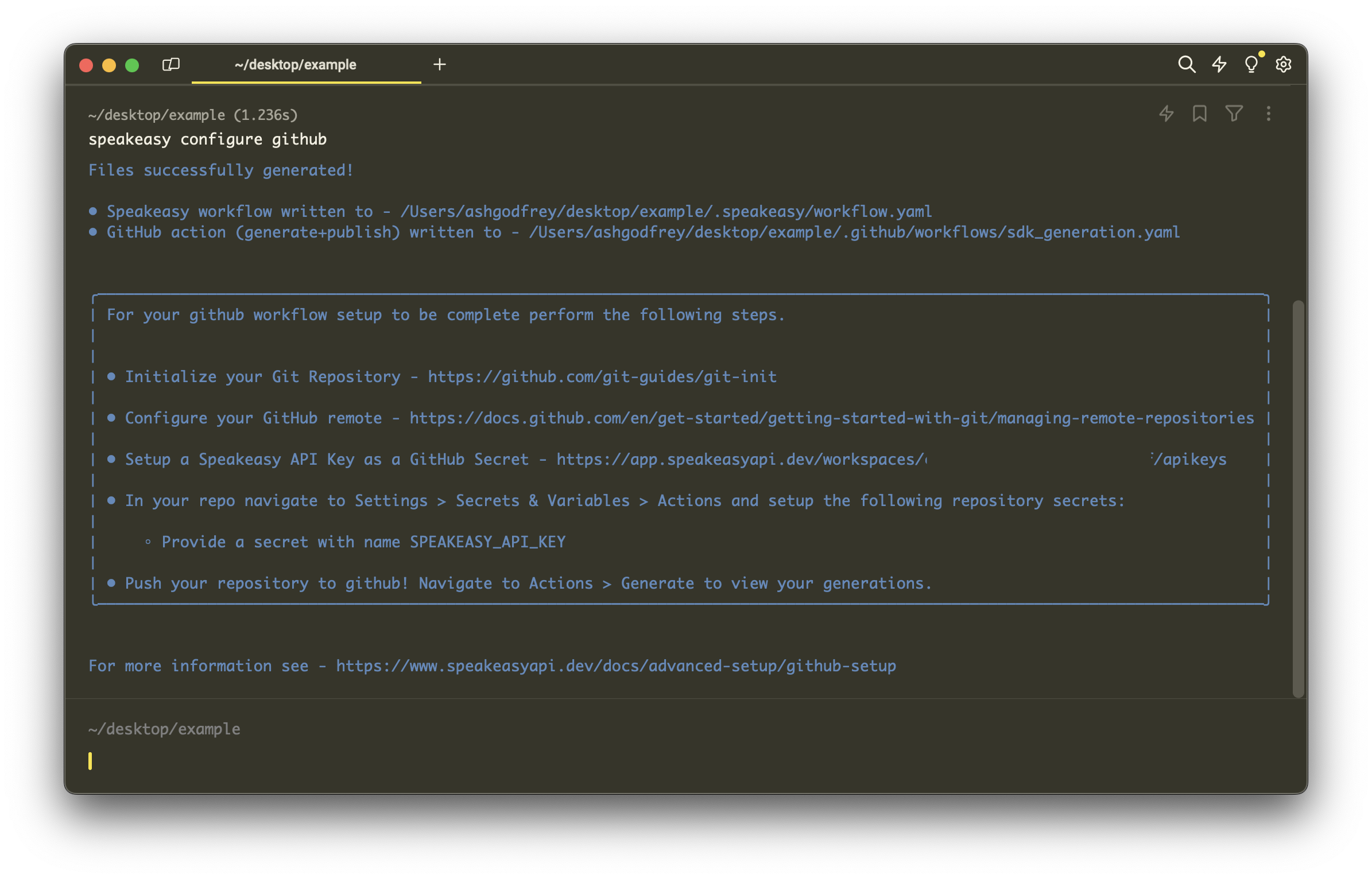 Screenshot of the terminal after successfully running Speakeasy configure Github.