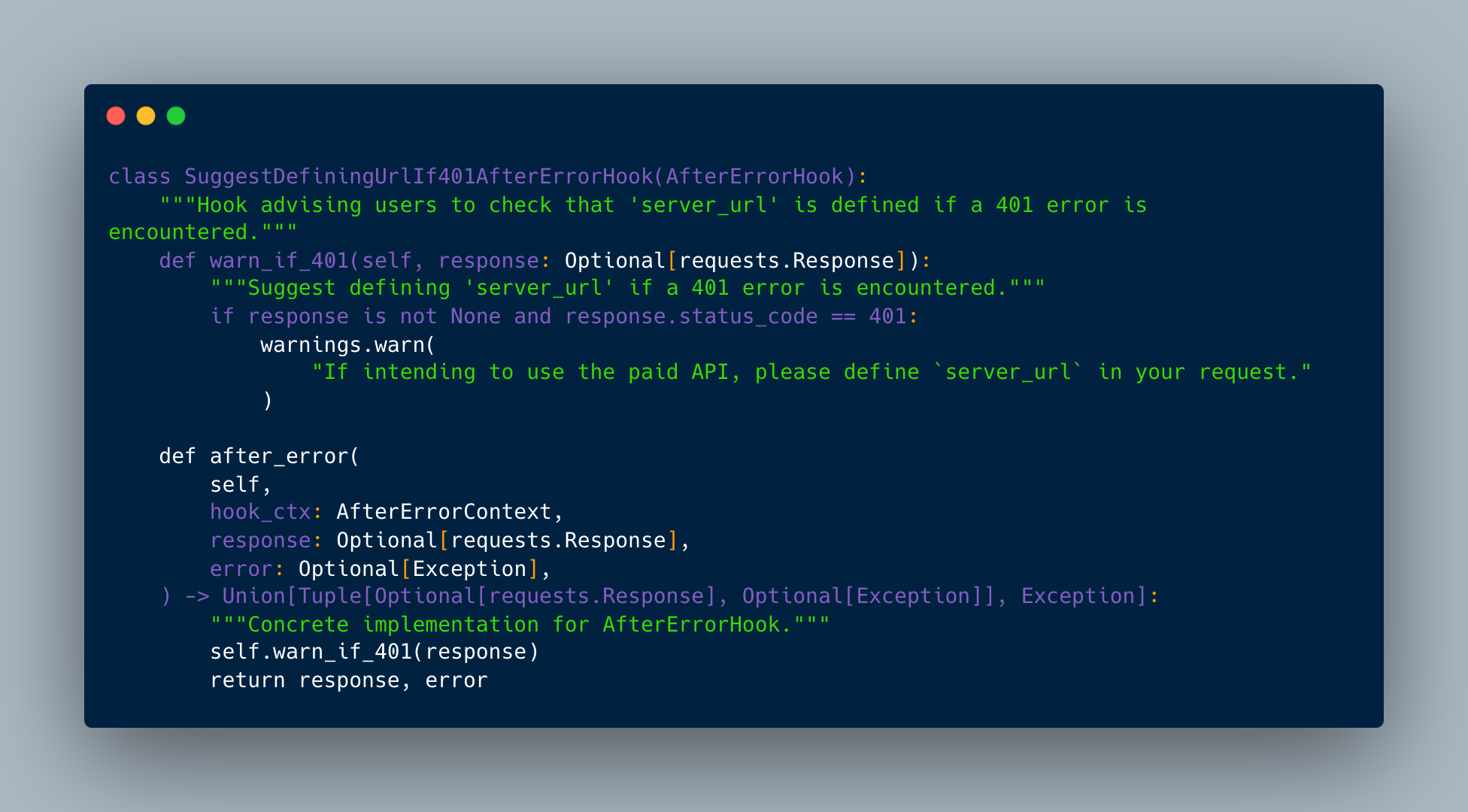 Code snippet of error handling in unstructured
