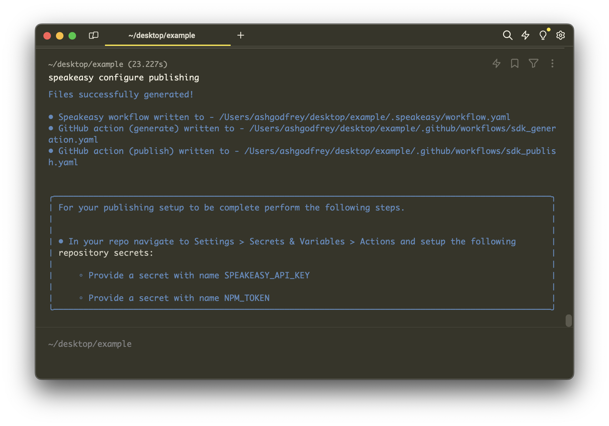 Screenshot of the terminal after succesfully running Speakeasy configure publishing.